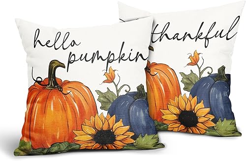 Juego de 2 fundas de almohada de calabaza azul de 18 x 18 pulgadas, juego de 2 fundas de almohada de algodón y lino cuadrado para decoración de