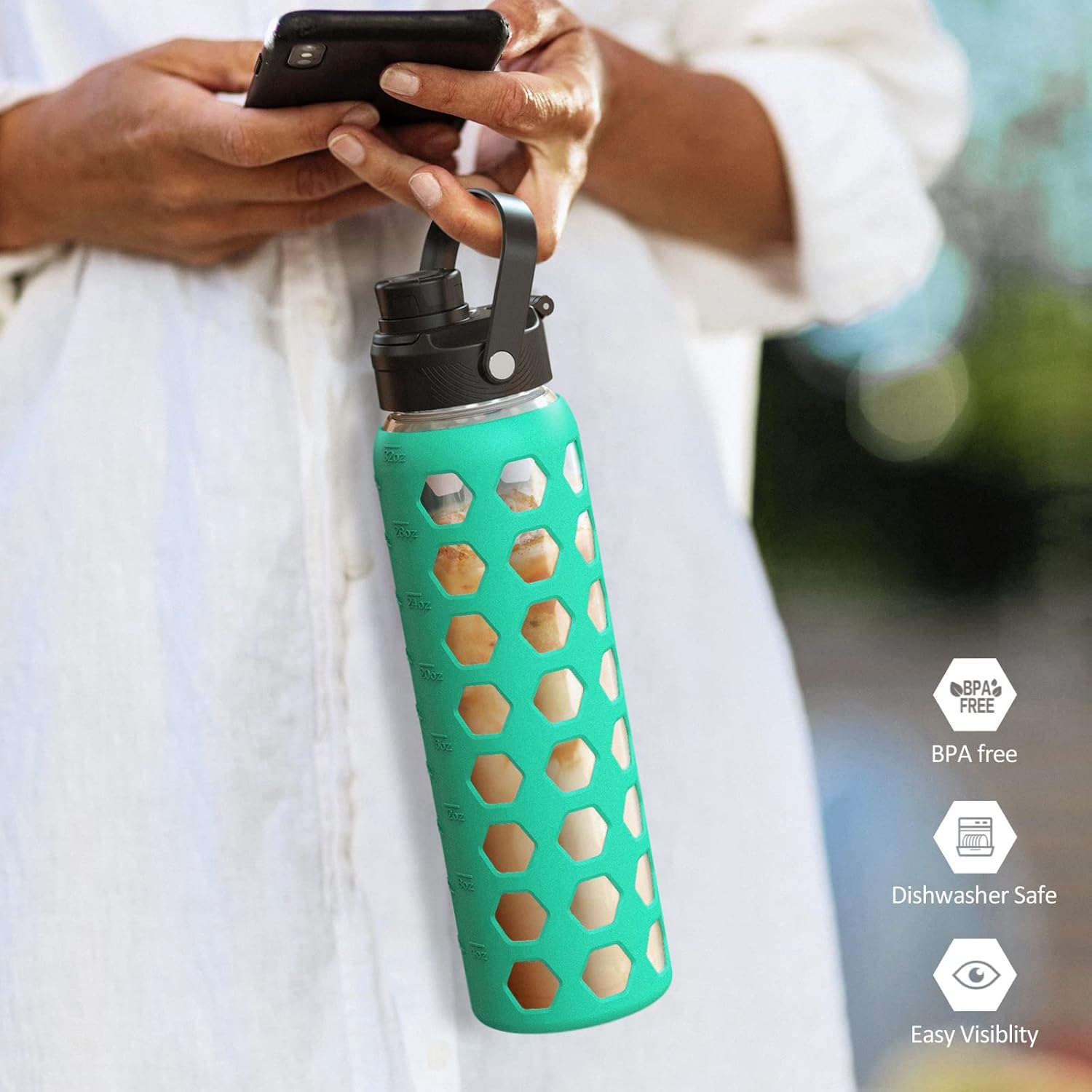 MUKOKO 24oz Glass Water Bottle with 2 Lids-Handle Flip Lid&Bamboo Straw Lid,Motivational Water Tumbler with Time Marker Reminder and Silicone Sleeve, Leakproof-Green - Image 7