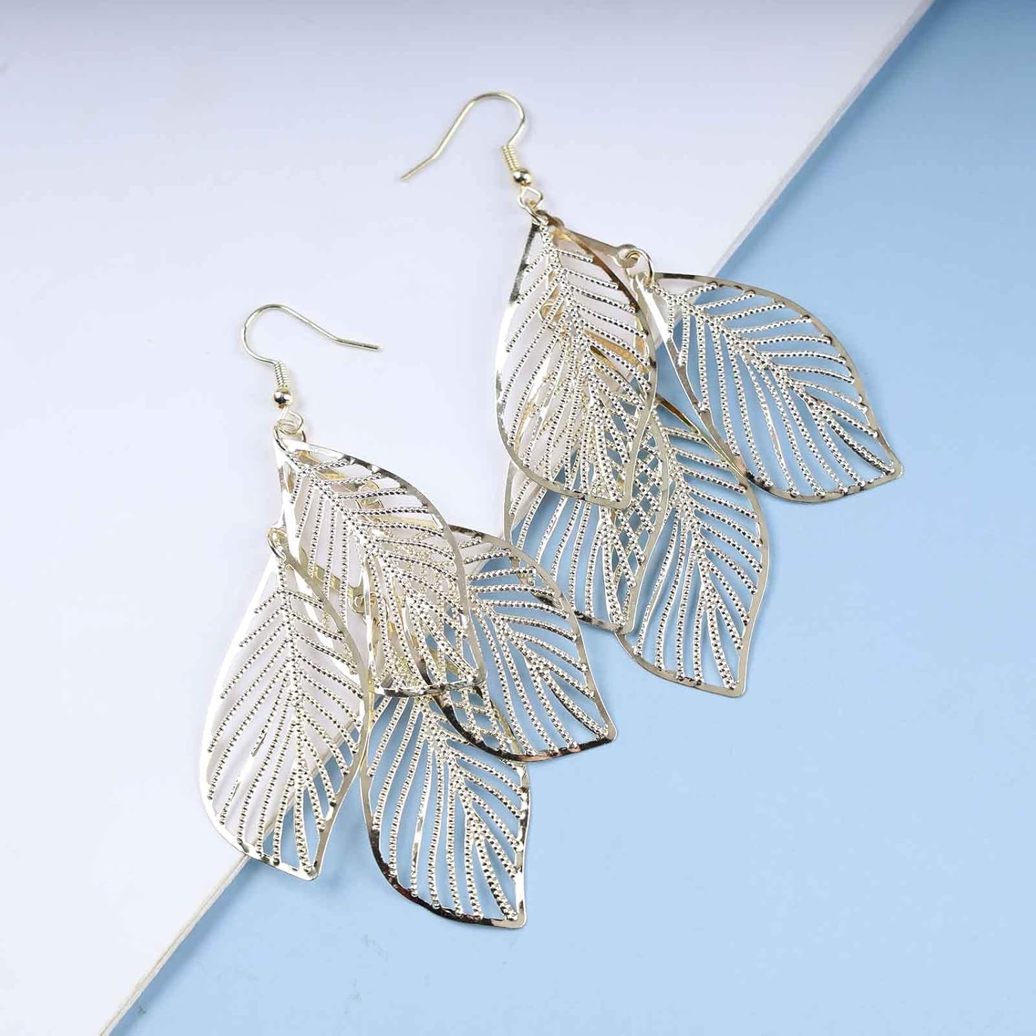 Andelaisi Boho Filigree Leaf Dangle Drop Earrings Vintage Cluster Leaf Earrings Gold Hollow Leaf Earrings Tribal Lightweight Leaf Chandelier Earrings Jewelry for Women - Image 4