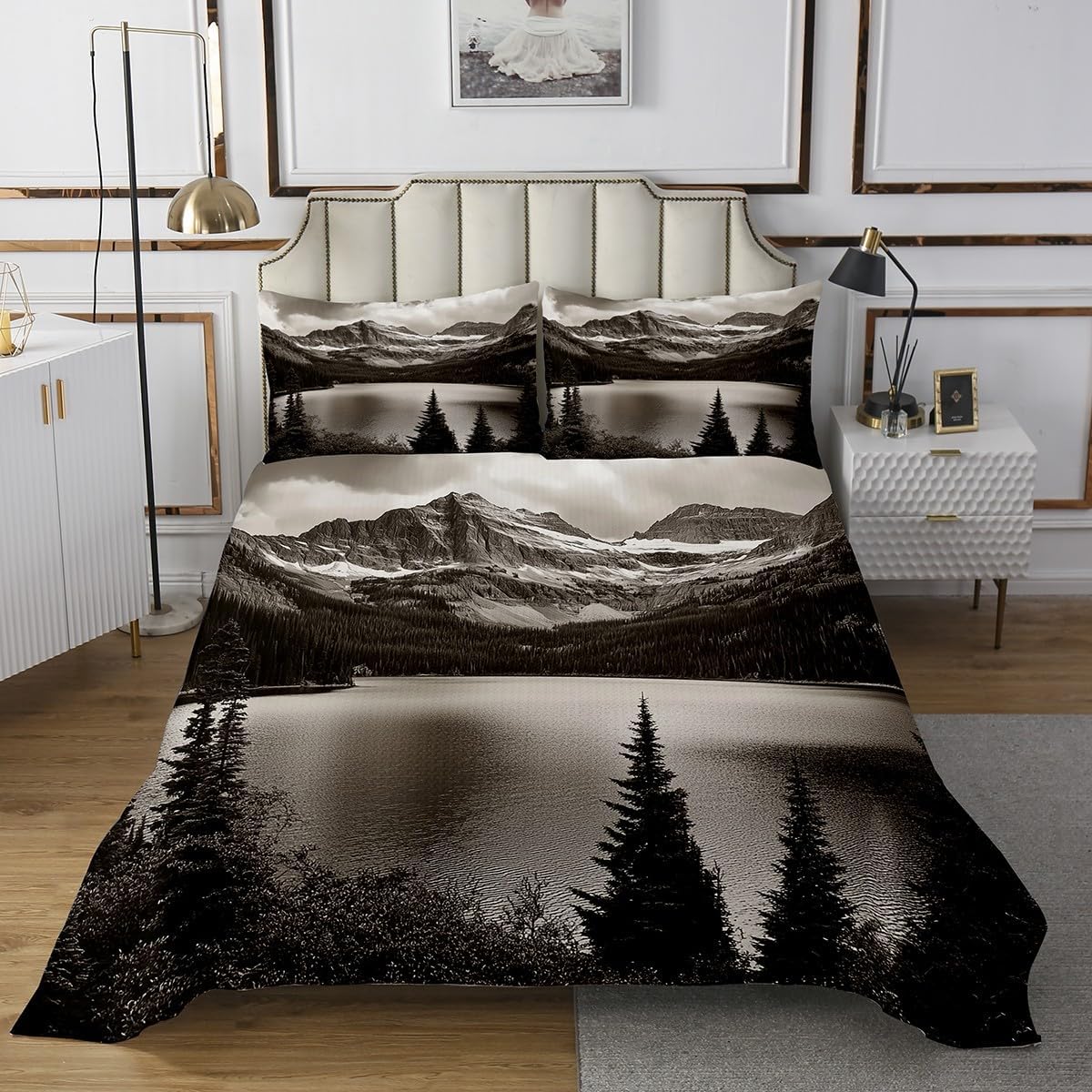 Erosebridal High Mountain Coverlet Set Pine Trees Quilted for Kids Teens Adults Lake Bedspread Natural Scenery Quilt Set Bedroom Decor 2 Pieces Bed Collection Grey,Twin Size