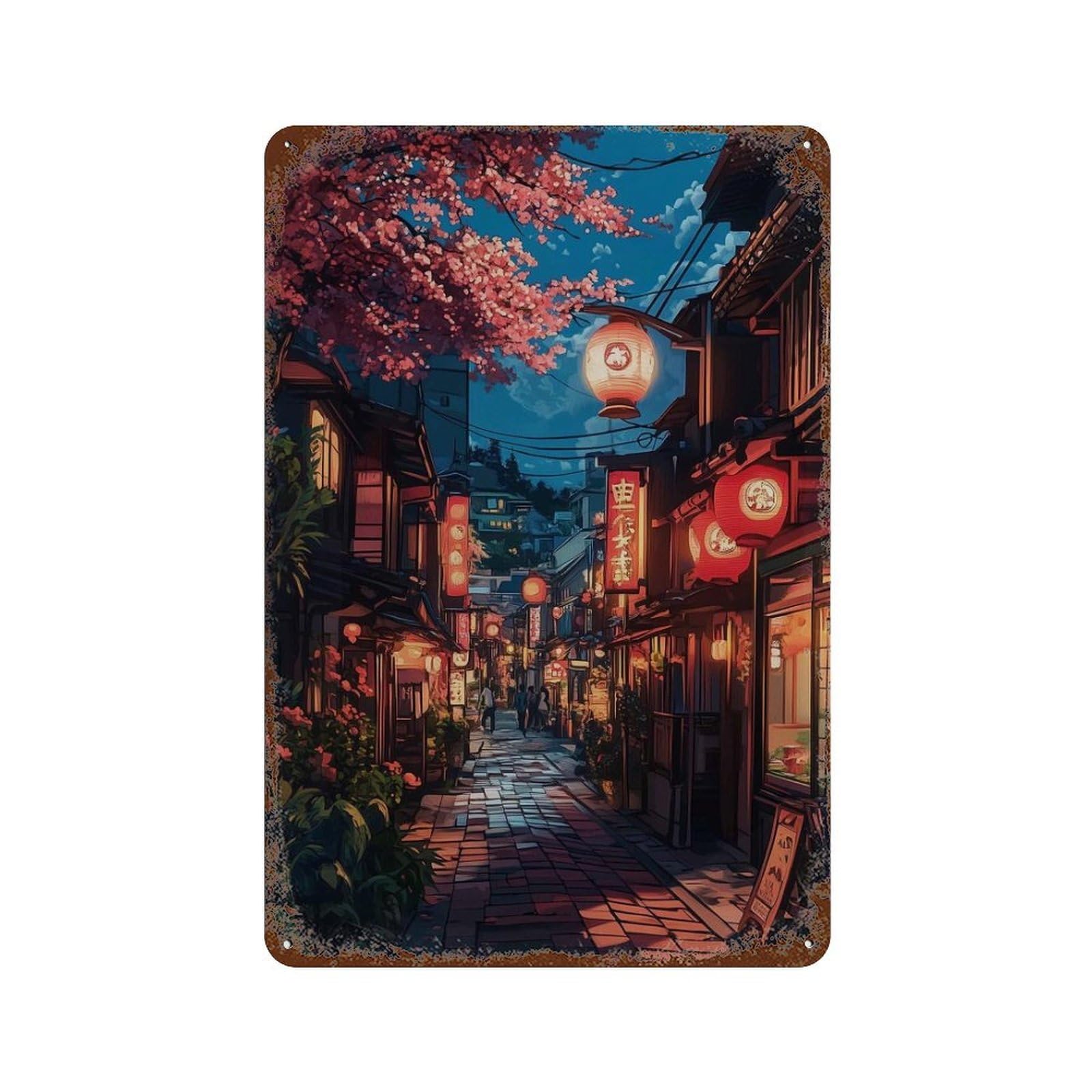 xiaoxiaoshen Serene Tokyo Night Cherry Blossom Japan Street Lantern Lit Alley Cityscape Japan Wall Decor Art Metal Tin Poster Modern Home Decor Art Home Bar Shop Decorations Vintage Sign 30x20cm