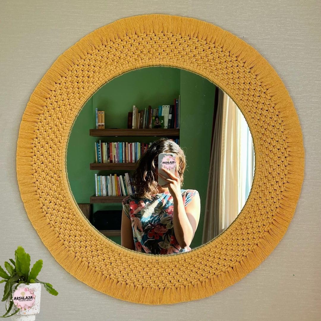 Macrame Hanging Wall Mirror with Macrame Round Mirror Art Boho Decor Macrame Decorative Mirror [MYLW01] Framed,-image-28