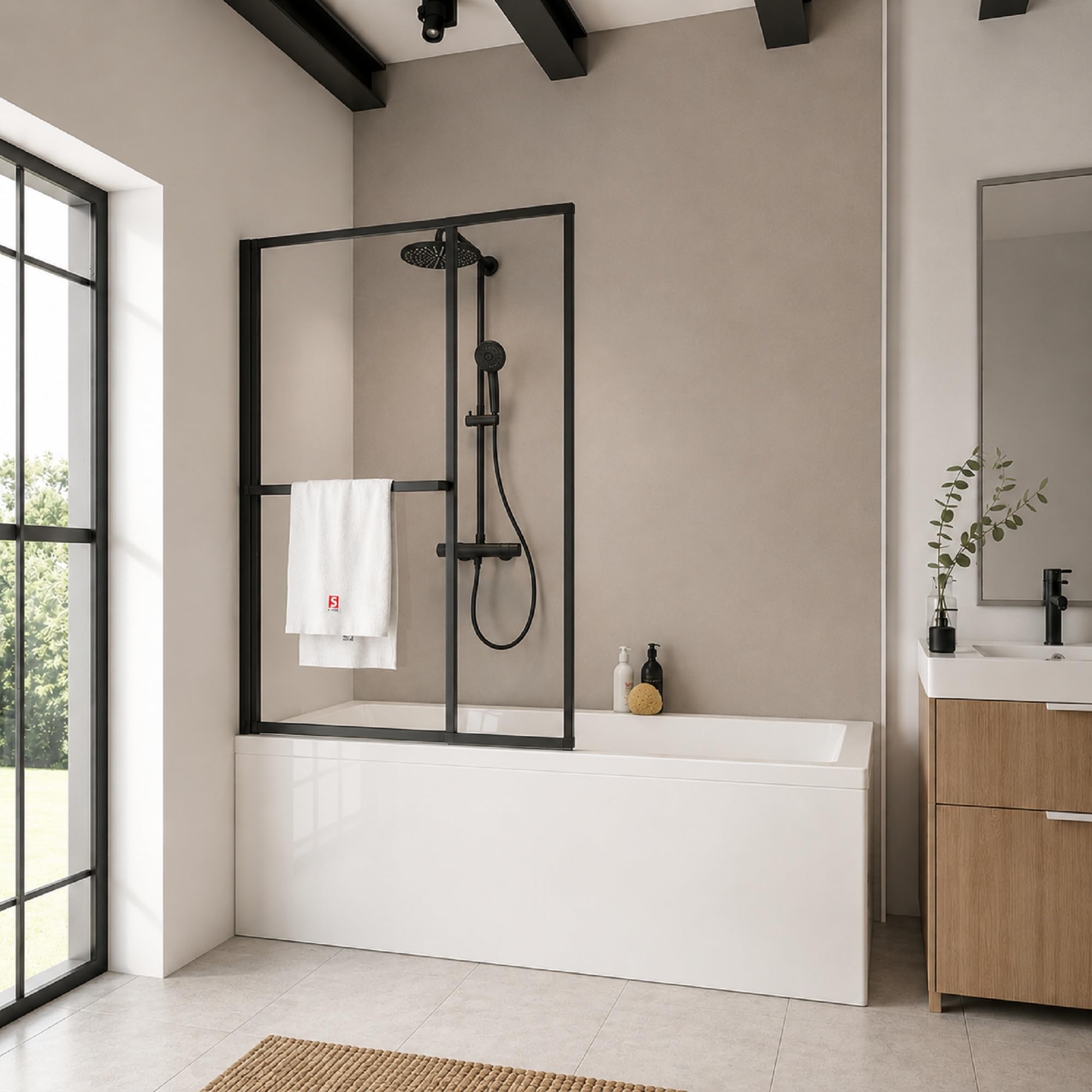 Pare-baignoire noir pivotant à 180° Schulte 109x140 cm avec porte-serviettes