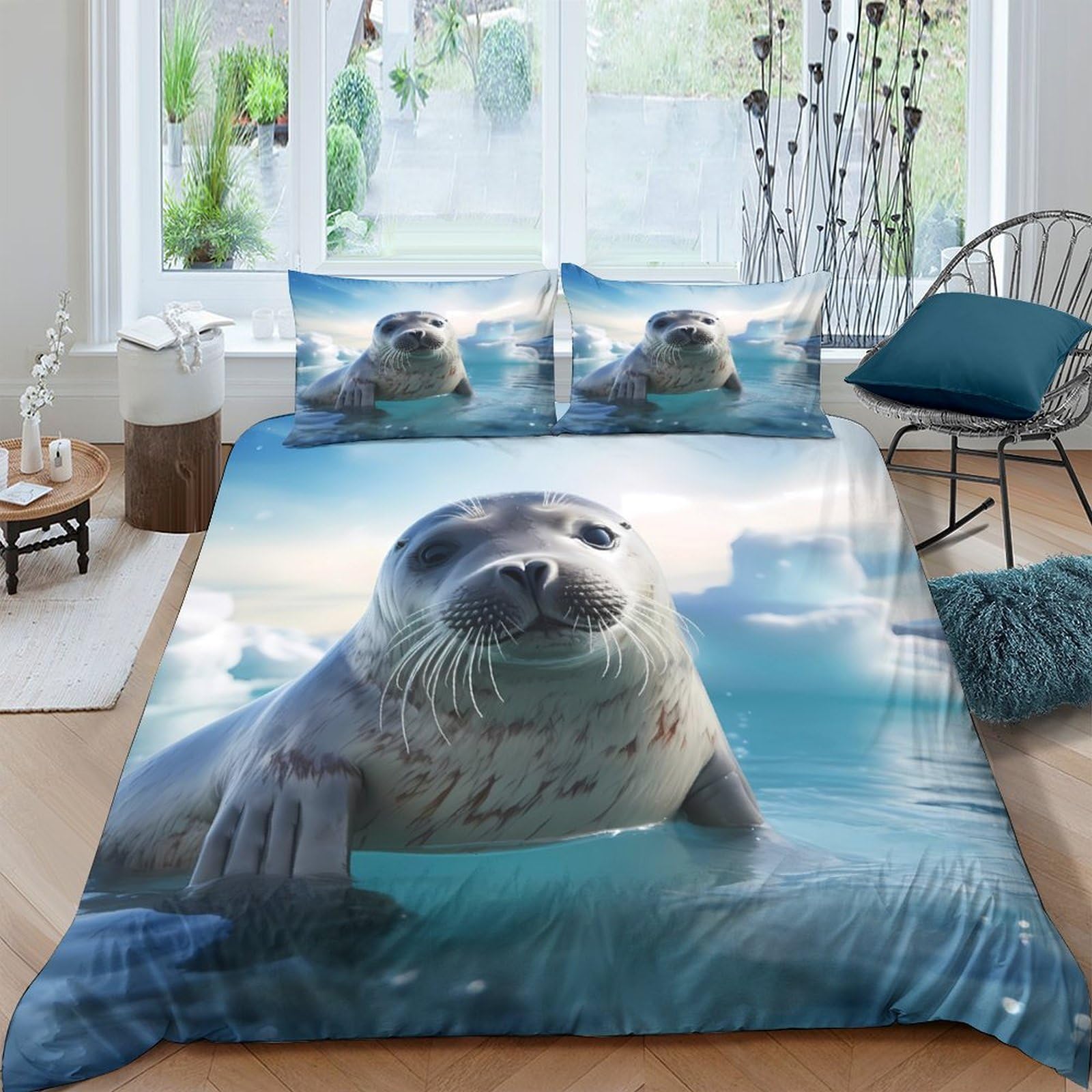 Ctjqhvkz Style-8 3D Printed Seal Ocean Blue Fitted Sheet Microfiber Anti-Slip Arctic Animal Mattress Cover Bedroom Decor Single（135X200cm）