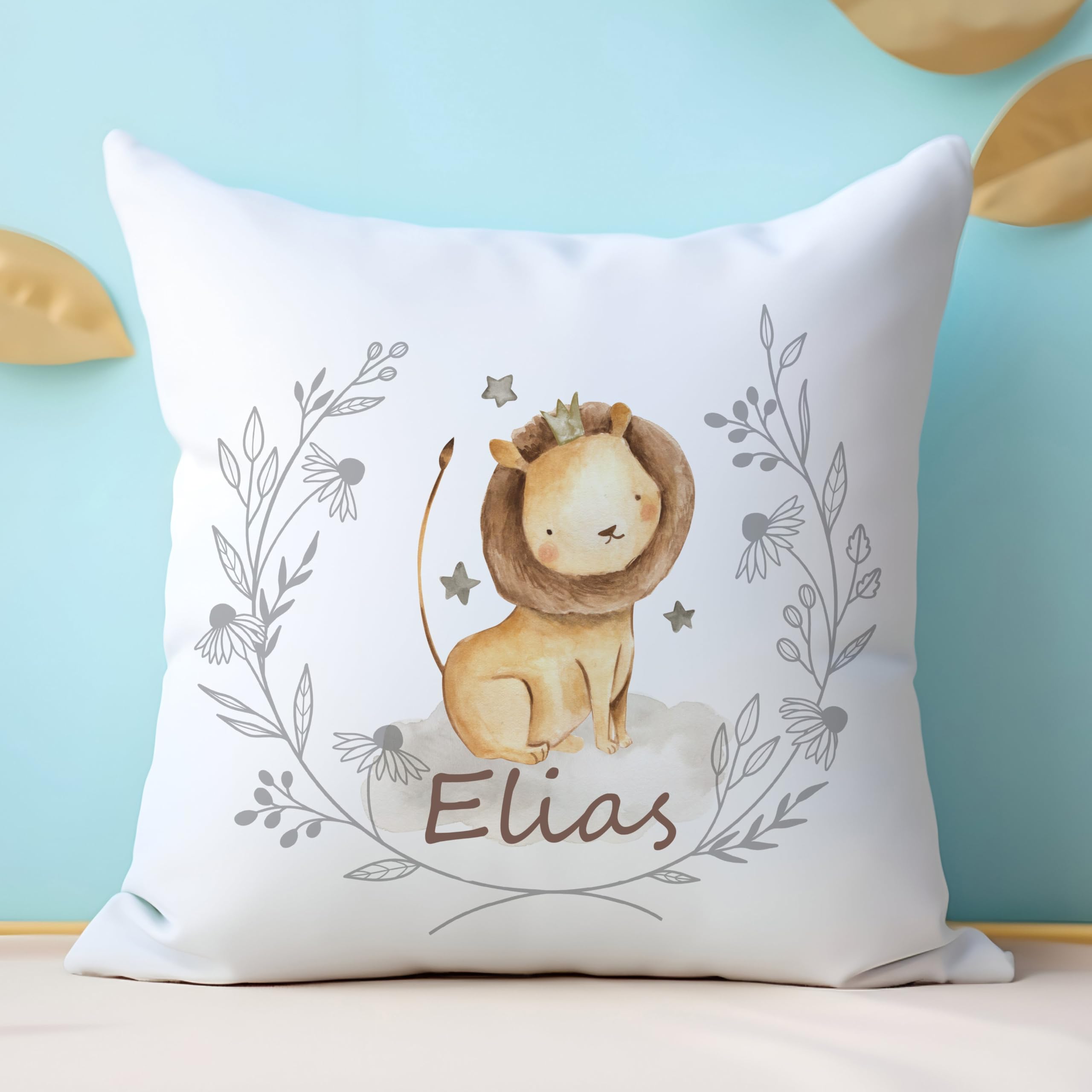Cojín de recuerdo personalizado personalizado con temática de safari, corona floral, cojín de acuarela, corona de león, inserto de nombre para el día del nombre, regalo de recuerdo personalizado para