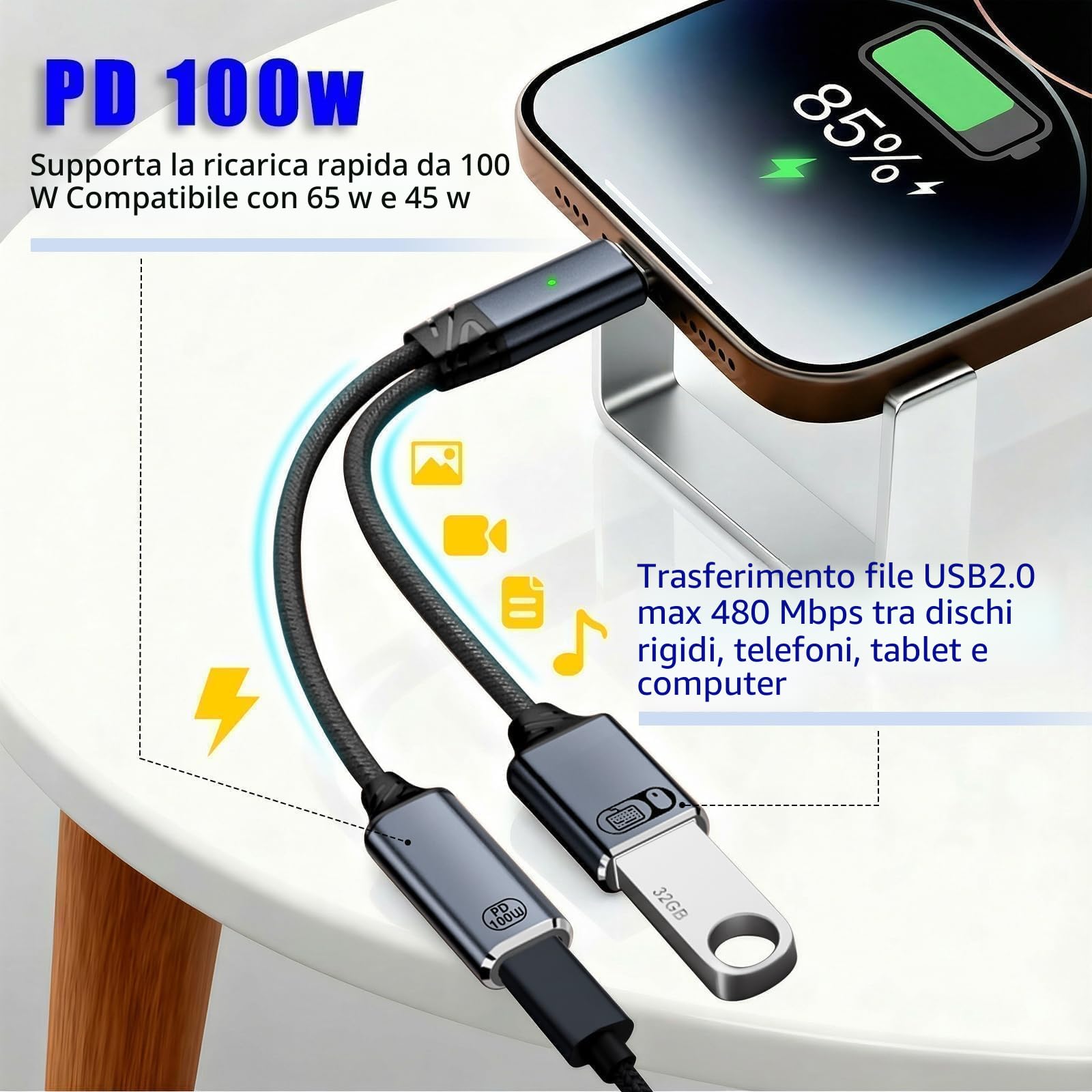 Adattatore USB-C OTG 2 in 1 con Ricarica Rapida PD 100W USB-A 2.0 per Laptop Tablet Telefono Grigio