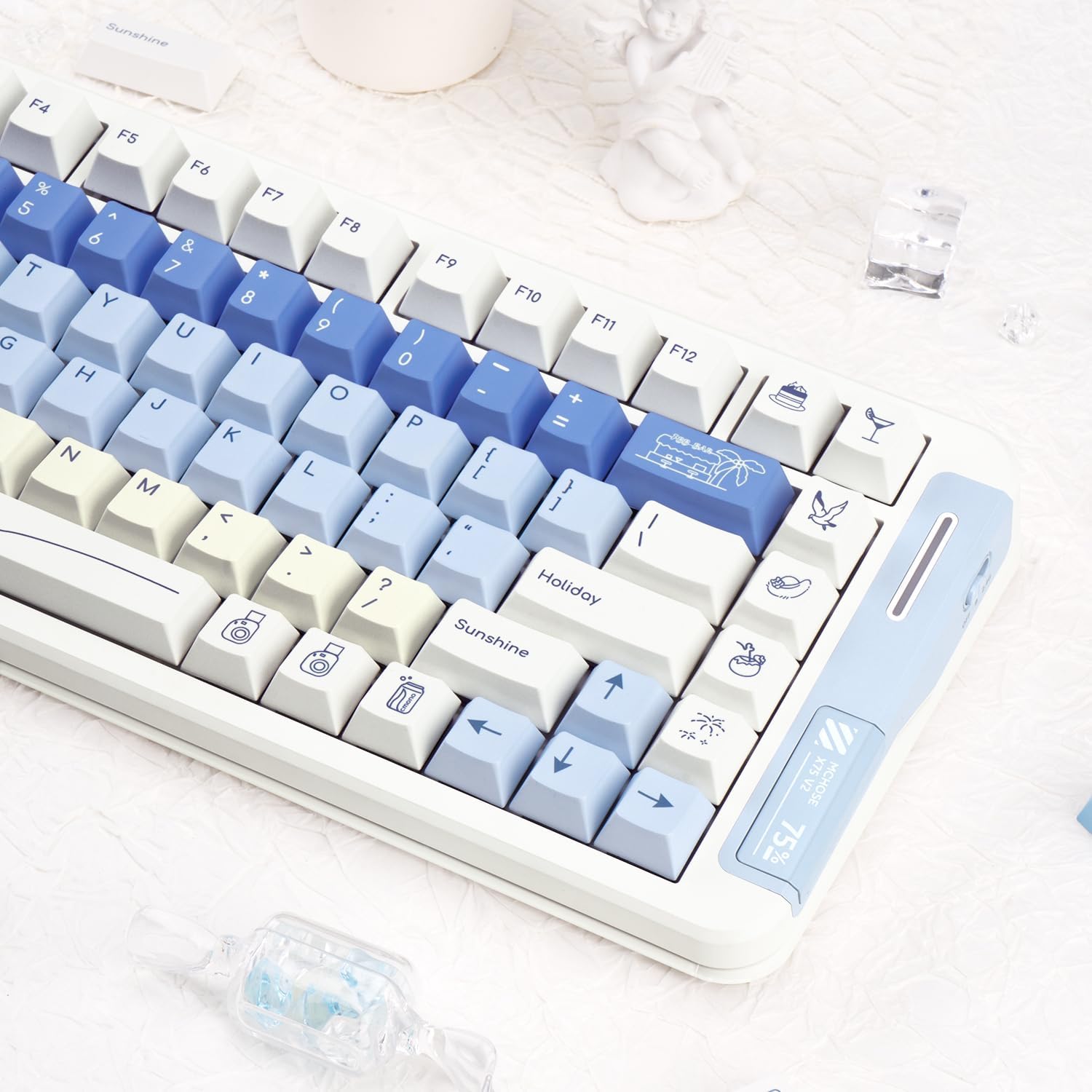 130 Keys Cherry Profile PBT Keycaps, Blue and White Keycaps Set, Custom Minimalist Key Caps, Five Sided Dye Sublimation Creamy Key Caps for Cherry MX Switches ANSI Mechanical Gaming Keyboard