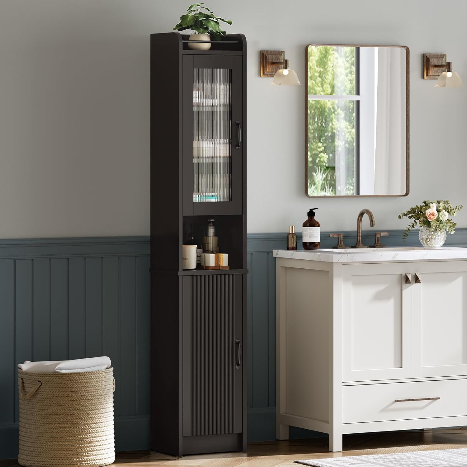 Tall Bathroom Storage Cabinet, Narrow Storage Cabinet with Adjustable Shelf Thin Linen Tower Two-Way Doors Contemporary Cabinet for Bathroom, Kitchen, Living Room, Espresso