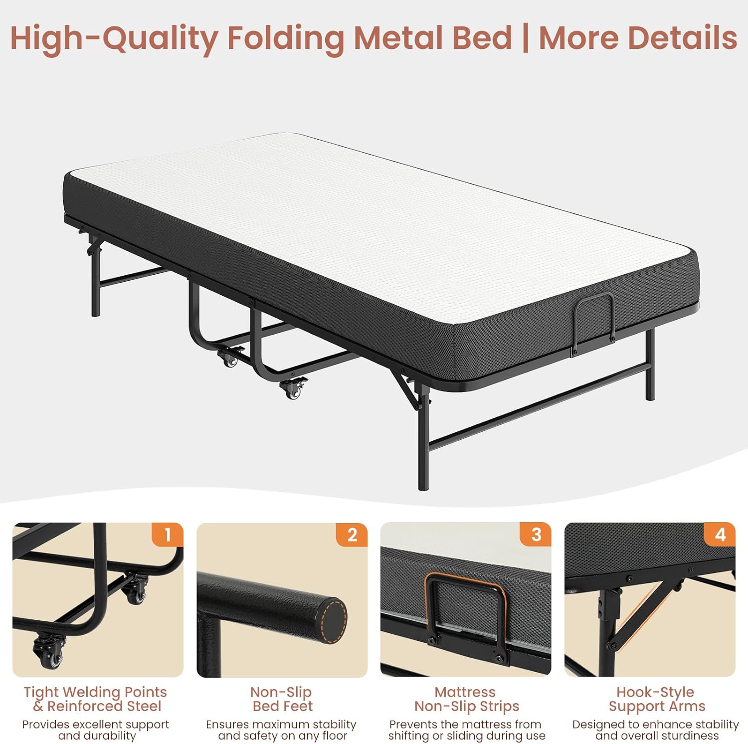 DICTAC Folding Bed with Mattress, 75x31 Portable Rollaway Bed with Luxurious Memory Foam Mattress, Space-Saving Foldable Design for Easy Storage, Heavy Duty Metal Frame for Adults, Guest, Cot Size