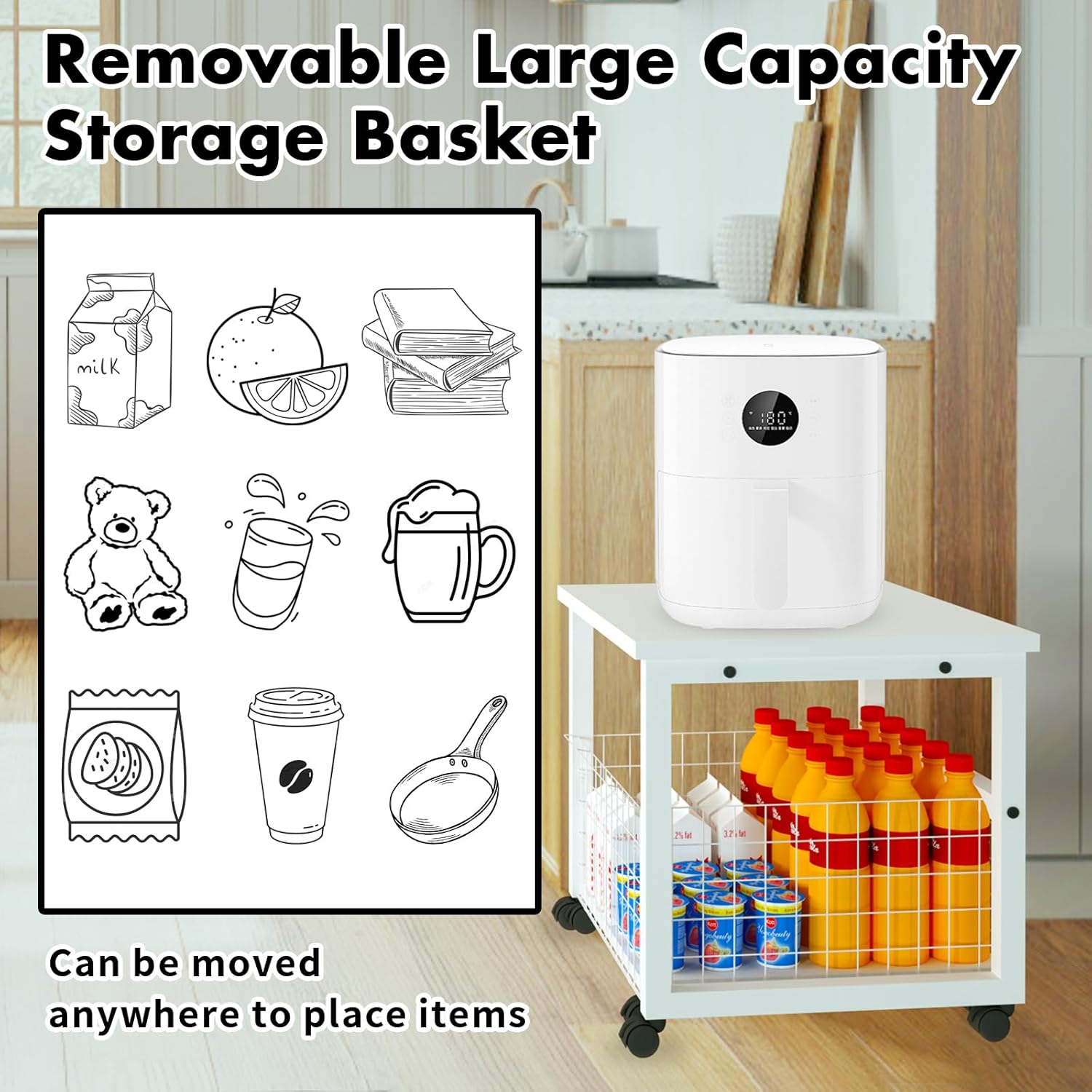 Mini Fridge Stand with Storage Basket, Mobile Refrigerator Stand, Rolling Compact Fridge Cart with Wheels, Heavy Duty Fridge Beverage Table for Home, Office, Dorm - White, Includes 2 Ice Cube Trays