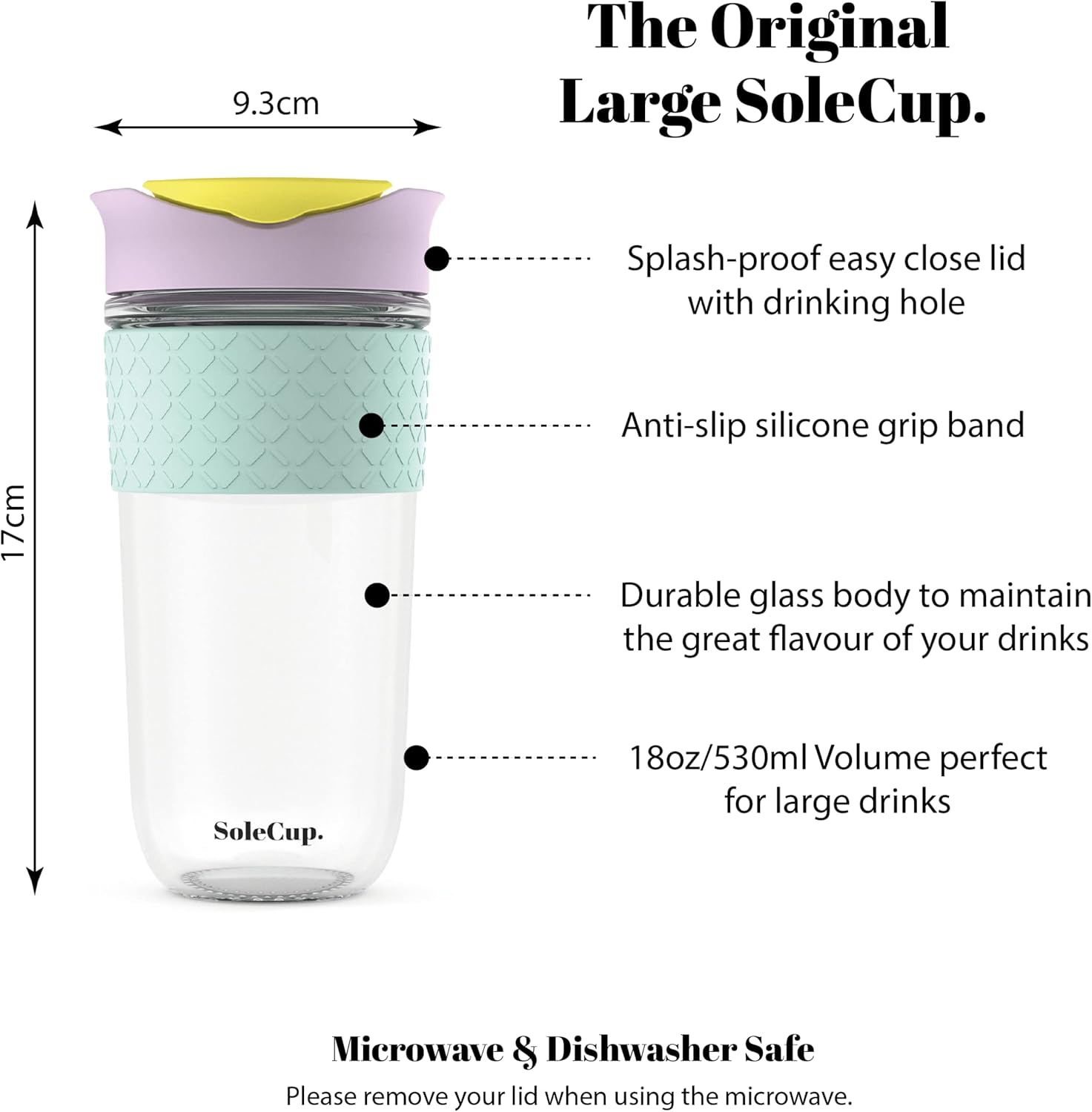 Large Travel Mug - Reusable Glass Coffee Mug - 18oz/530ml BPA-Free Hot Drink Travel Mug with Lid & Silicone Band (Ice Cream, 18oz)