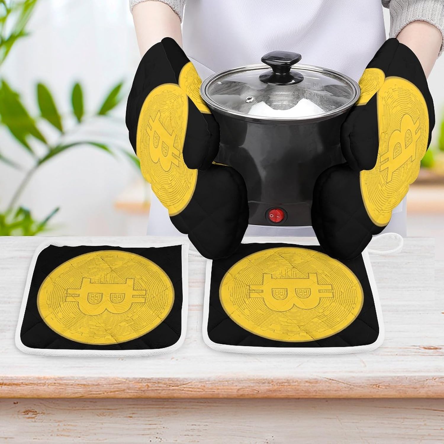 Bitcoin Prints Artwork 4 Pcs Oven Mitts and Pot Holders Set High Heat Resistant Long Kitchen Oven Glove Potholders