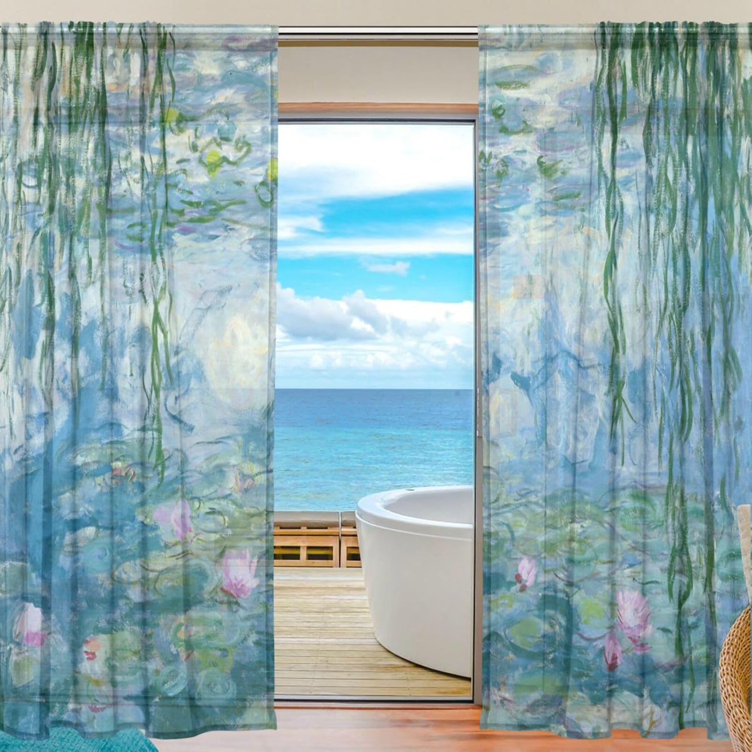 Sheer Panel Curtains, Water Lilies Claude Monet Oil Paintings Flowers Bedroom Living Room Home Decor Sheer Curtain Drape 2 Panel 55 x 84 Inch