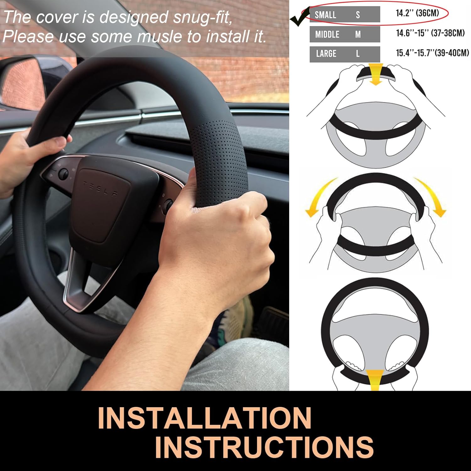 PINCTROT Nappa Leather Steering Wheel Cover for Tesla Model Y/3 Highland/Juniper, D Shaped 14 Inch Small Sized with Breathable Perforation, Fit Like Gloves, Flat Bottom 14 Inch(Nappa Black)