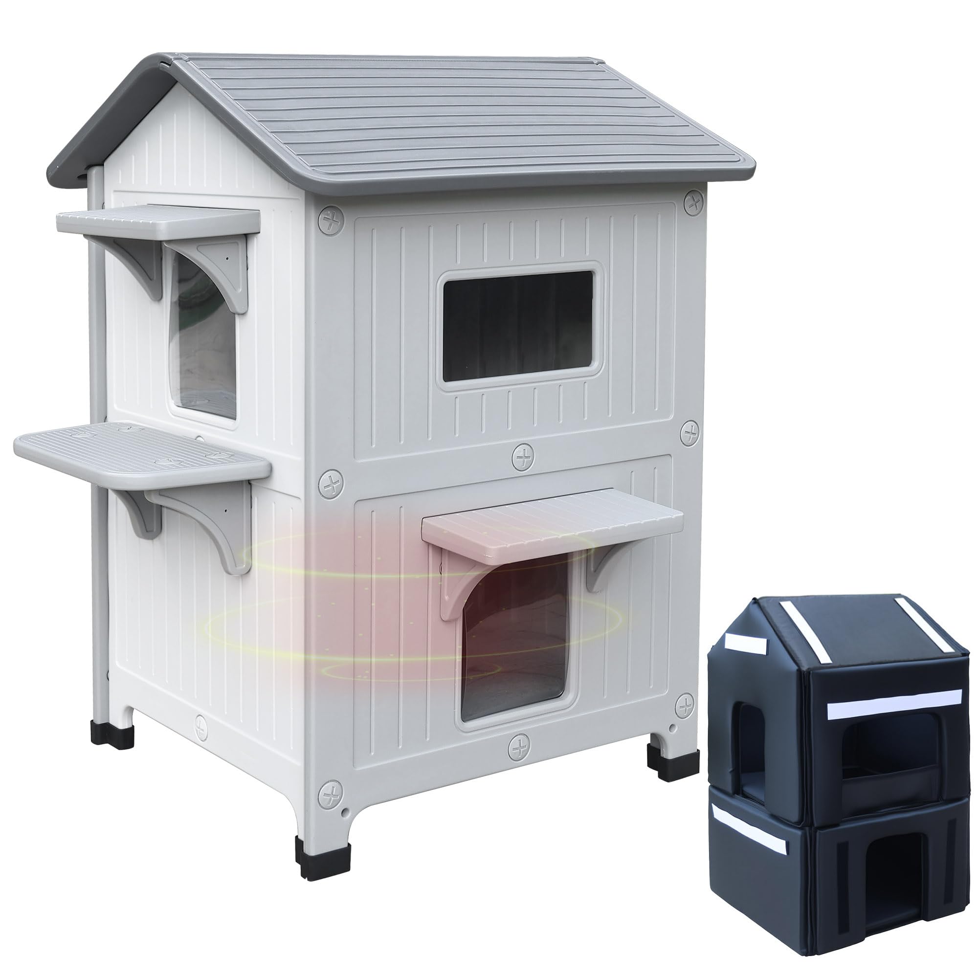 2 pezzi Casetta per gatti all'aperto con rivestimento isolato, case per gatti all'aperto in plastica rifugio per gatti all'aperto resistente alle intemperie con porta di fuga