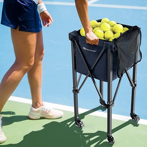 Miniatura 9 de Goplus Tolva plegable para pelotas de tenis, cesta de aluminio ligera con ruedas, bolsa extraíble, bolsillos laterales, bolsa de transporte, carrito