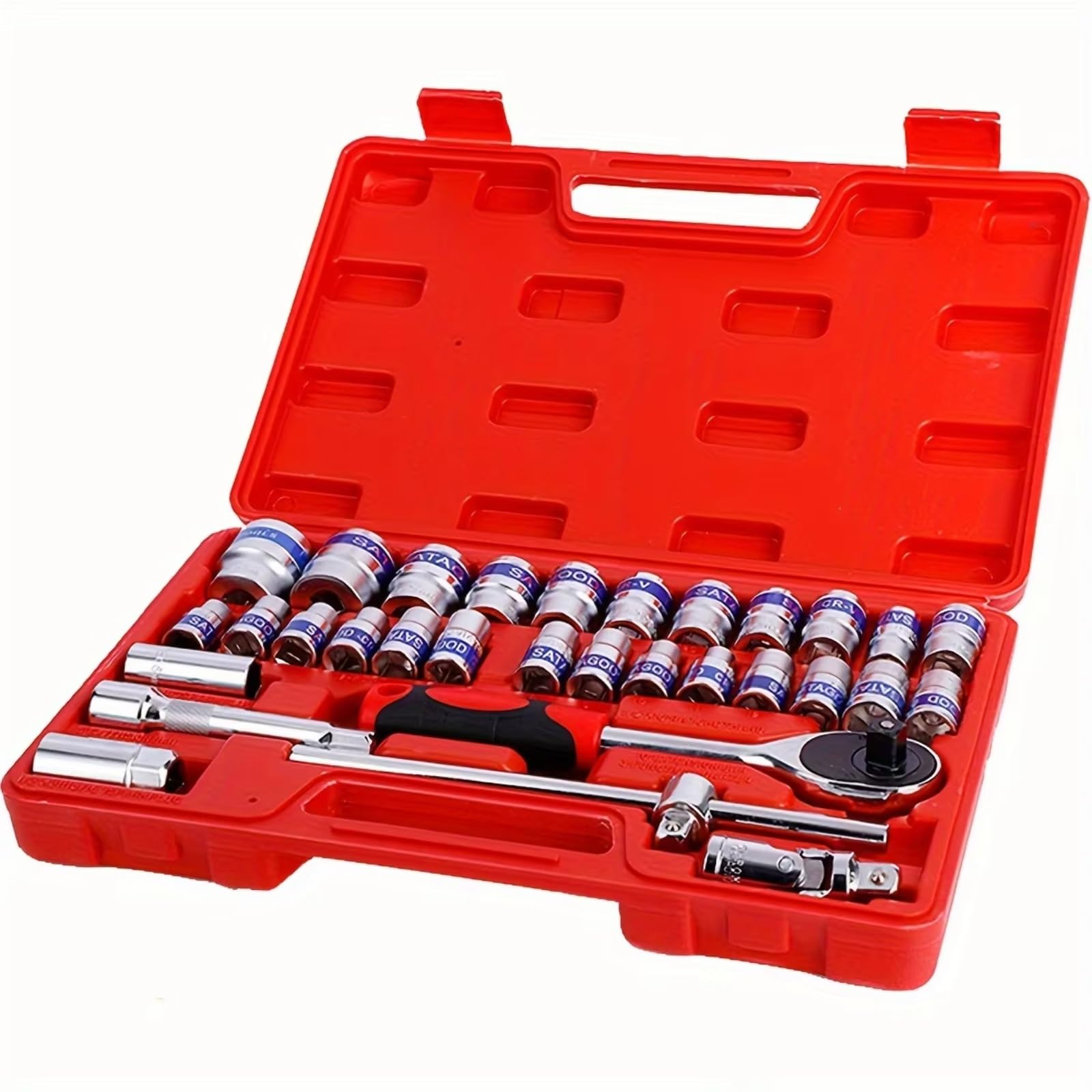 Cassetta Attrezzi Completa Set Di Attrezzi Meccanici Da 32 Pezzi E Set Di Bussole Da 1/2" Bussole Profonde E Standard Set Di Chiavi A Cricchetto Kit Di Attrezzi Meccanici