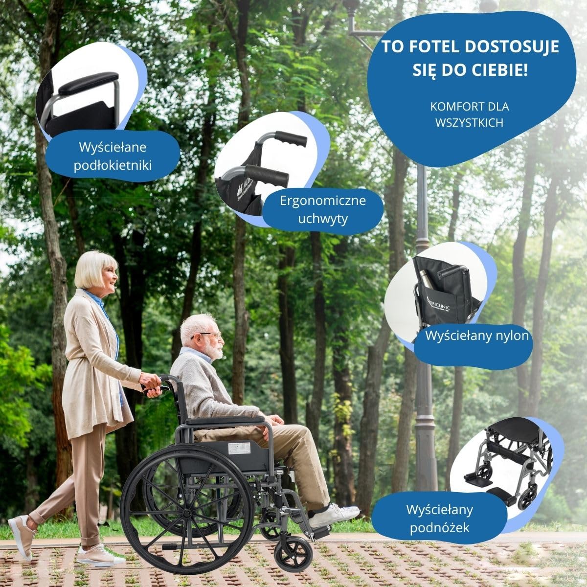 Mobiclinic®, Składany wózek inwalidzki, Marsella, Kółka z możliwością szybkiego zwolnienia po naciśęciu przycisku, Stabilny, Siedzisko 46 cm, Dźwignia hamulca, Srebrny