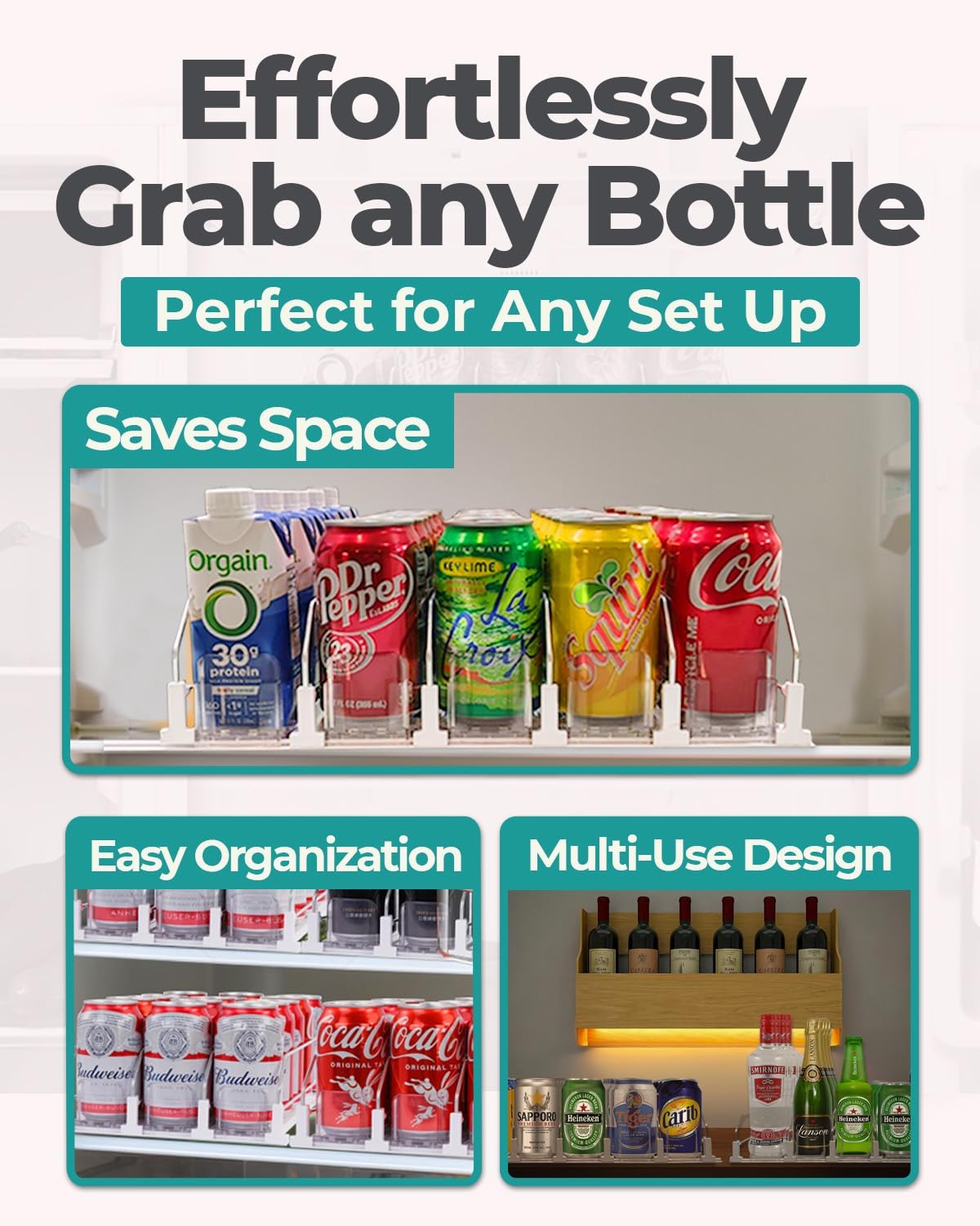 Drink Organizer for Fridge (Holds up to 30 Cans) - Self-Pushing Fridge Drink Organizer with 5 Adjustable Rows - Automatic Soda Can Dispenser for Refrigerator - Fits 12 oz to 20 oz