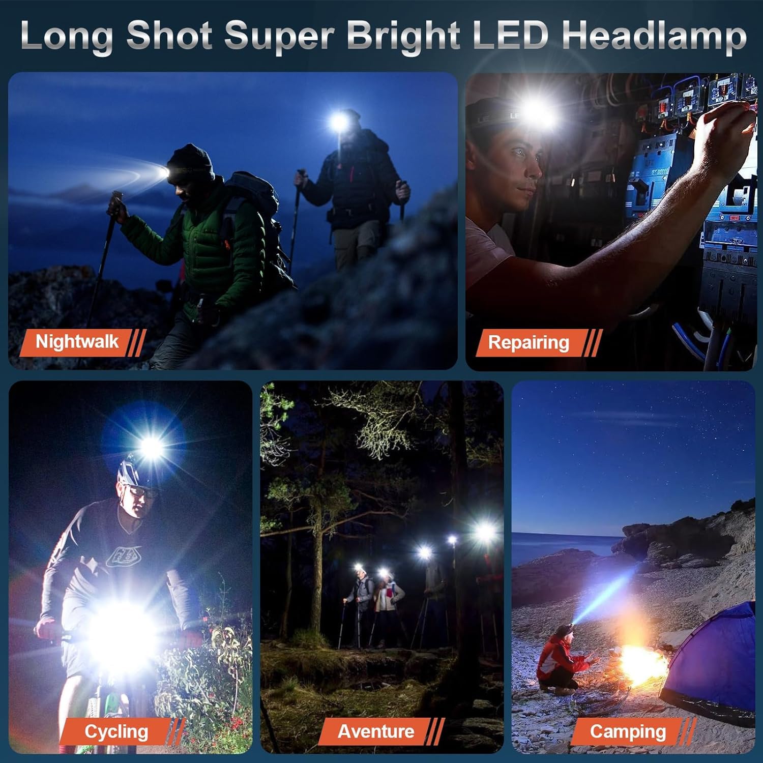 Foleto Lampe frontale rechargeable, alimentée par batterie, super lumineuse 3000 lumens avec 3 + 4 modes, étanche, zoomable, réglable à 135° pour l'exploration en plein air, le cyclisme, la pêche, etc