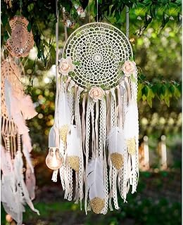 AerWo Boho Dream Catcher for Bedroom, Handmade White Gold Feather Flowers Dream Catchers for Girls Kids Nursery Bedroom Wa...