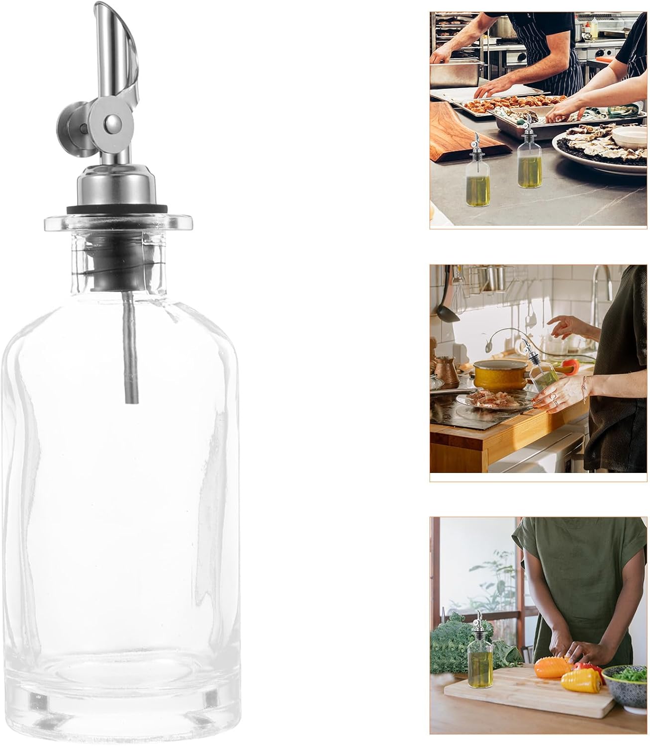 jojofuny Glass Olive Oil Dispenser Bottle 350ml with Automatic Open-close Silver Spout, 2pcs Vinegar and Soy Sauce Glass Bottles for Kitchen Cooking and Dressing