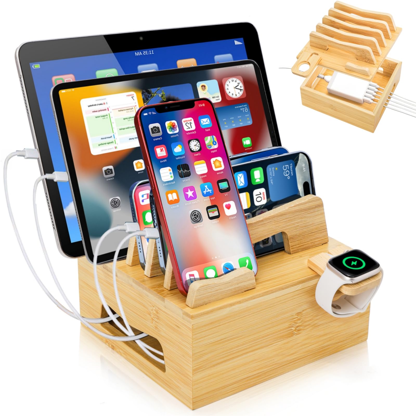 Acshio Bamboo Charging Station for Multi Devices, Small Desktop Docking Stand, Cell Phone Docking Station Charger Organizer for Tablets, Smart Watch (