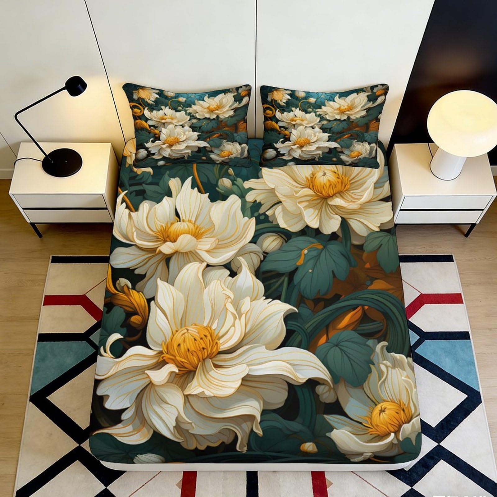 K1r3d9e5 Style-5 3D Printed White Lotus Fitted Sheet Microfiber Soft Floral Design Green Leaves Mattress Cover Bedroom Decor 90X200x25cm