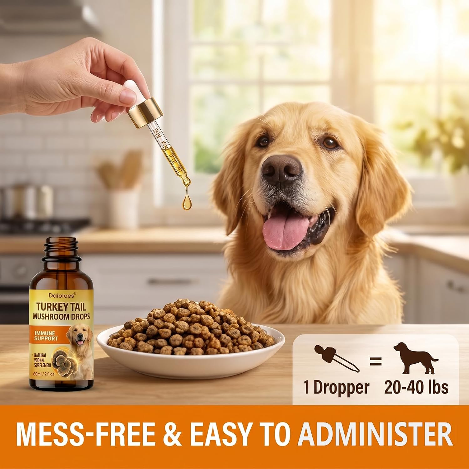 Turkey Tail Mushroom for Dogs, Immune Support & Digestive Health Supplement, 5X Turkey Tail Mushrooms for Pet Liquid Drops with Natural Turmeric & Probiotic, Faster Absorption, Vet-Formulated, 2 Fl Oz