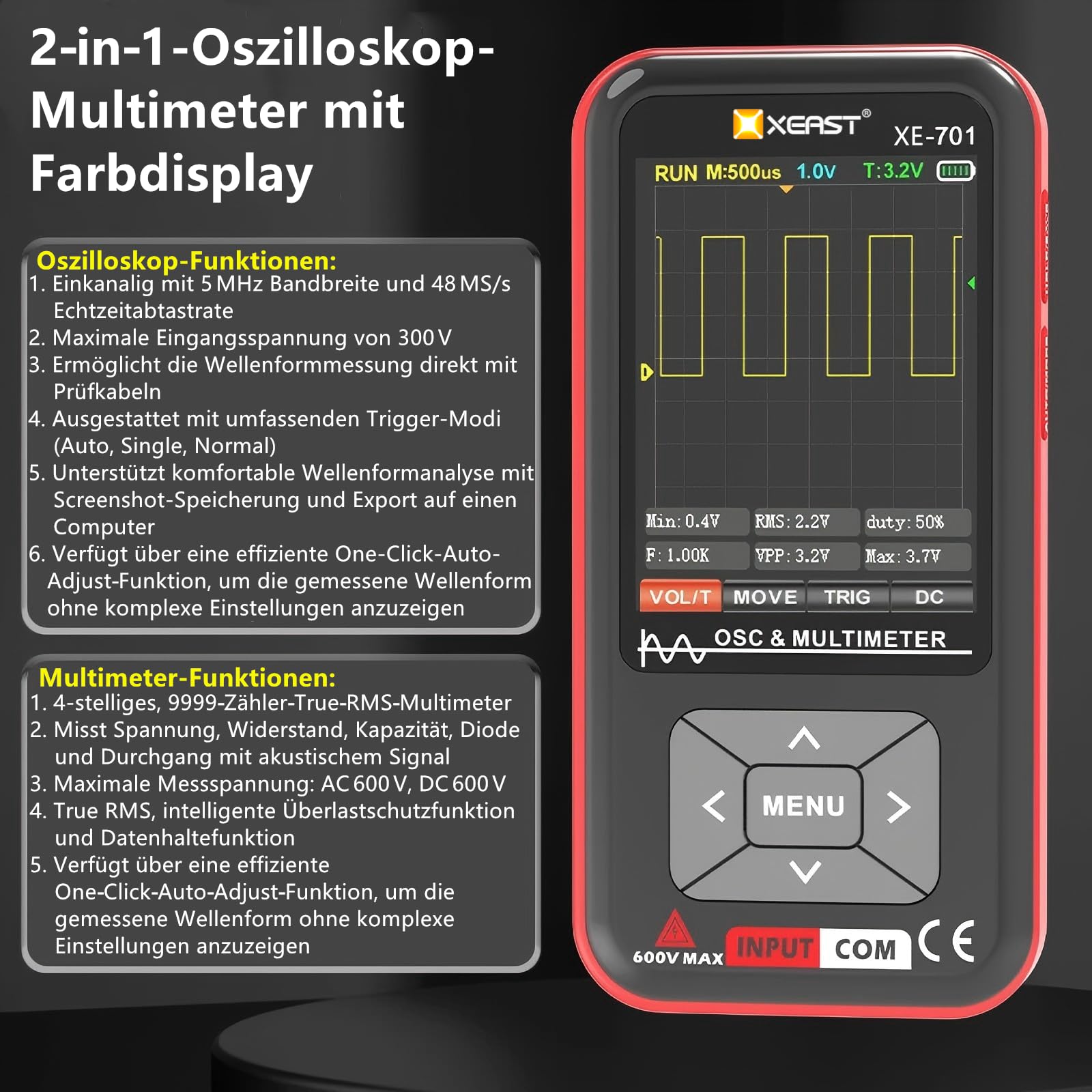 2-in-1 Oszilloskop Multimeter, 9999 Zählungen Digital Multimeter, 5MHz Bandbreite 48MSa/s High Sampling Oszilloskop, 3,2-Zoll IPS Full-Color Display, Elektronik DIY & Reparatur
