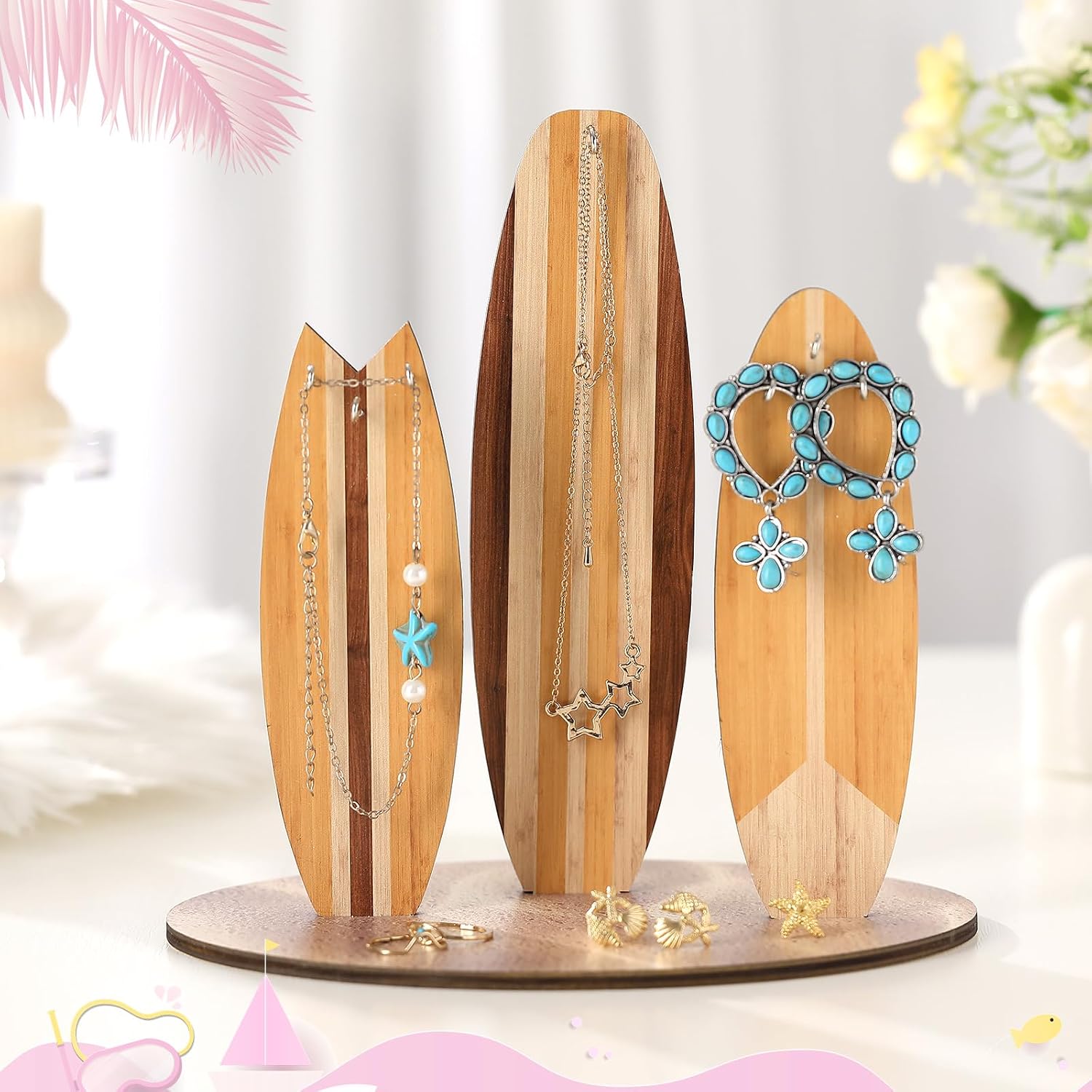 Wonderjune Jewelry Organizer Stand, Coastal Christmas Surfboard Decor, Preppy Beach Room Decor, Wooden Hawaii Surfer Gift, Teen Girl Room Decoration(Pink)