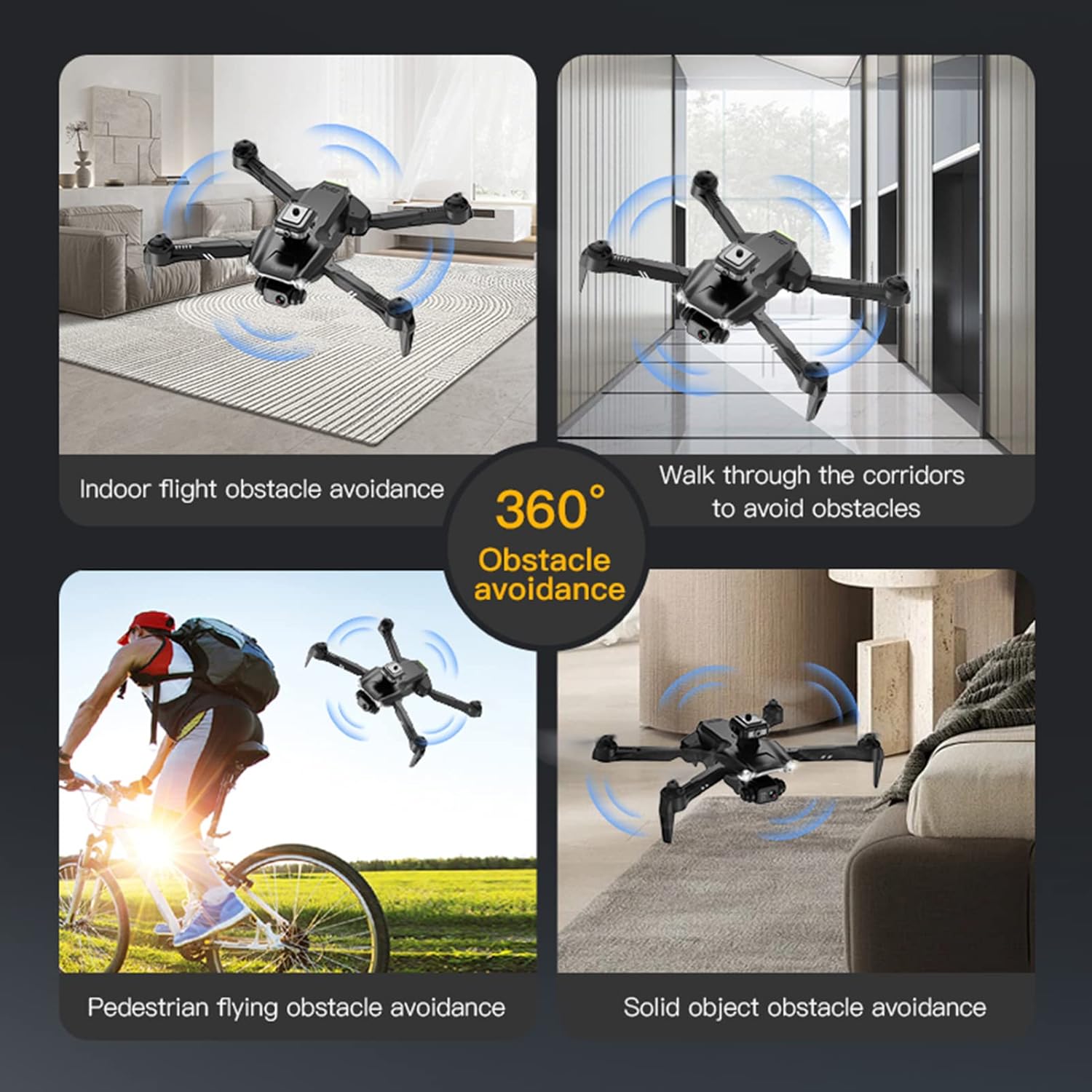 Diagram illustrating the GoolRC V28 drone's 360-degree obstacle avoidance system in various scenarios like indoor flight, corridors, and near pedestrians.