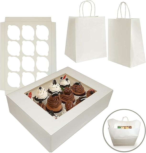 EZZIPAK - Auto Pop l Pack of Six 12Holes Cupcake Boxes with 2 additional cupcakes carrier bags l Modern Stylish auto pop style straight window cup cake box consist of 6 cup cake boxes with 12 Holes