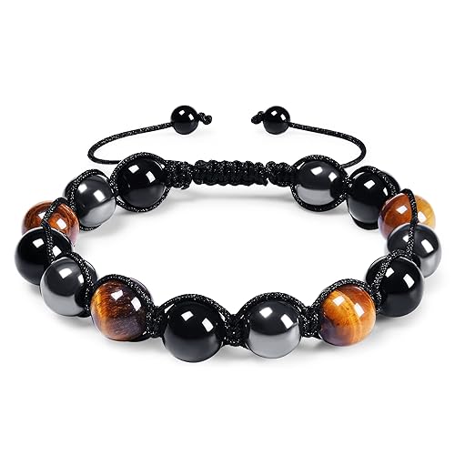 DHQH Triple Protection Bracelet 8/10MM Hematite Black Agate Tigers Eye Stone Bracelet Crystal Jewelry Healing Bead Bracelets for Men Bring Luck,