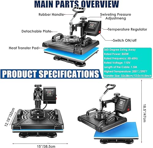 Miniatura 7 de Máquina de prensa térmica mejorada de 15 x 12 para camisas, máquina de sublimación de prensa de calor digital 5 en 1, máquina de prensa de calor