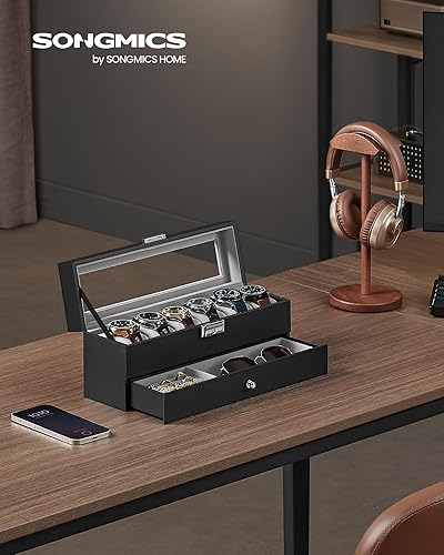 Miniatura 10 de SONGMICS Caja de reloj Organizador de 12 relojes de hombre Joyero con cerradura y llaves Negro UJWB012