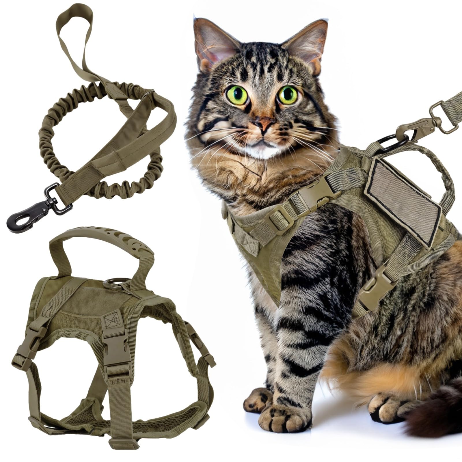 Tactical Green Cat Harness with Adjustable Straps and Leash, Control Handle, Soft Mesh Padding