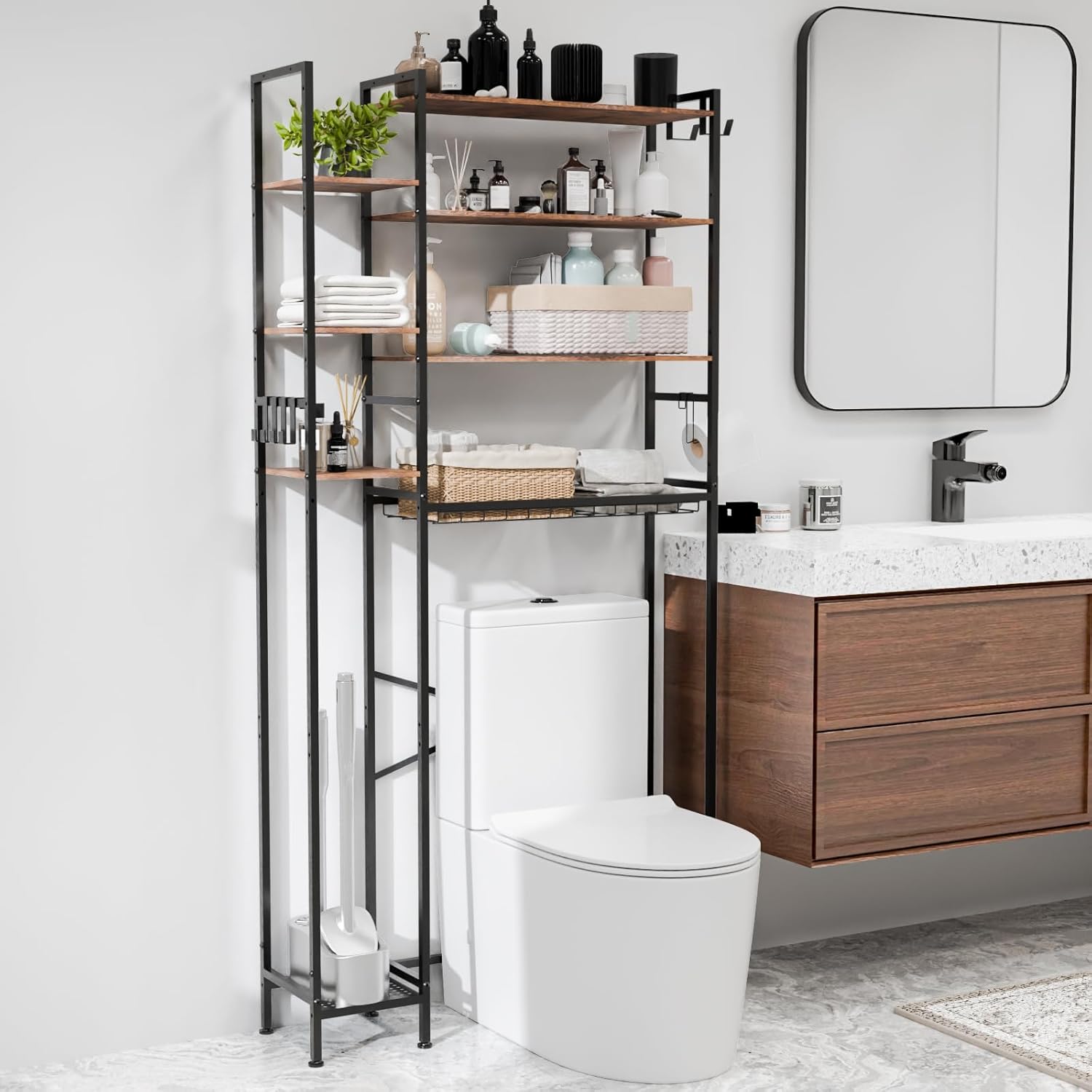 GARPROVM 8-Tier Over The Toilet Storage Rack with Side Rack, Bathroom Organizer Space Saver Cabinet with Adjustable Shelves, Basket ＆ 6 Hooks, Freestanding Above Toilet Shelf for Bathroom Laundry