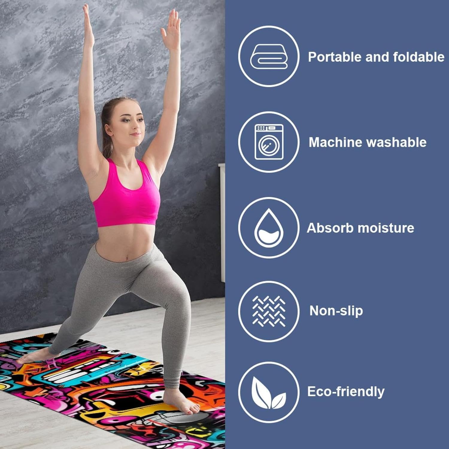 Yoga Towel, Colorful Graffiti Pattern Non Slip Sweat Absorbent Hot Yoga Mat Towel for Hot Yoga, Pilates and Fitness - 72.8" x 26.8"