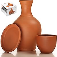 HAKAN Terracotta Clay Water Jug Set with Mug & Platter - Self-Cooling 76oz Earthen Pitcher for Natural Taste
