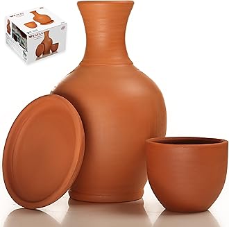 Hakan Clay Water Pitcher with Cup, Clay Water Pot for Drinking, Terracotta Mud Jugs with Mug, Earthen Water Carafe Set, Pottery Jar for Drinking Water, 74 oz
