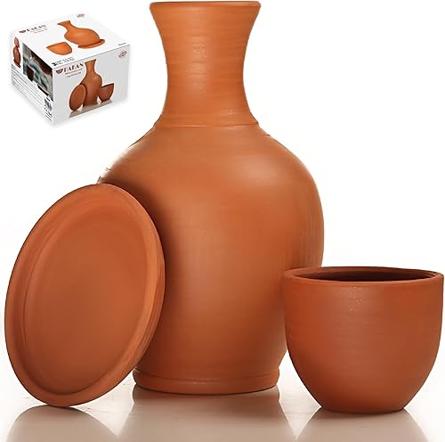 Jarras de barro de terracota con taza y plato, juego de jarras de agua de tierra, tarro de cerámica para agua potable, 76 onzas