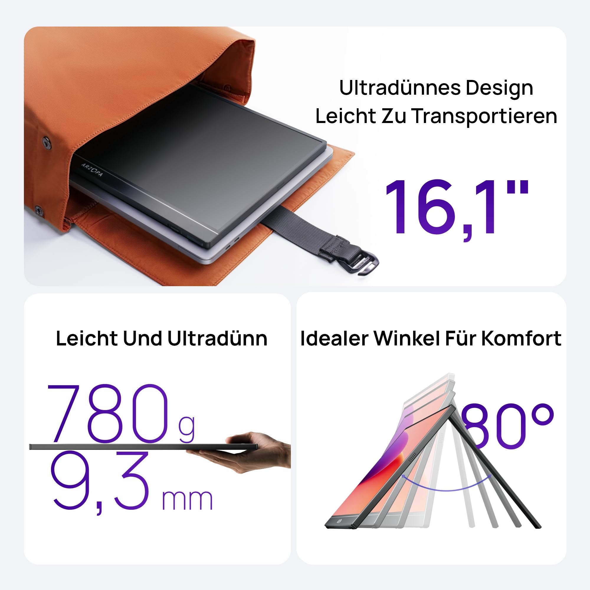 ARZOPA 16.1 Zoll Tragbarer Monitor FHD IPS 100% sRGB HDMI USB-C Gaming Bildschirm