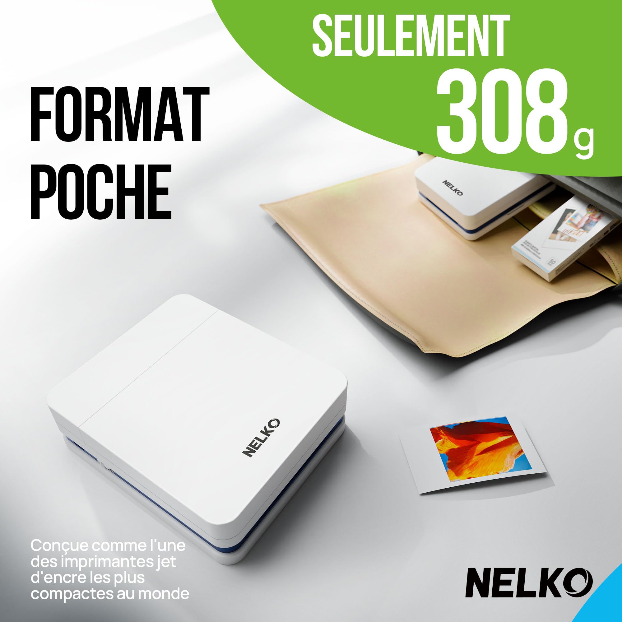 Nelko PP01 Mini Imprimante Photo Portable, 20 Feuilles, Blanc
