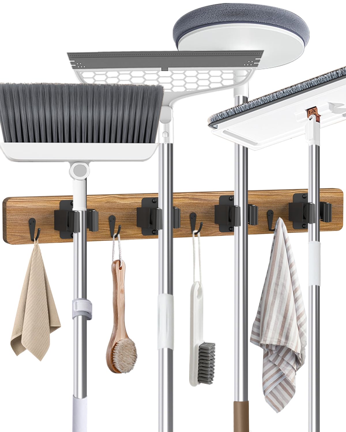 Soporte para escoba montado en la pared, 4 soportes y 4 ganchos, soporte para trapeador de madera y escoba con goma antideslizante, soporte de cepillo de madera de pino natural, orificio de pared para