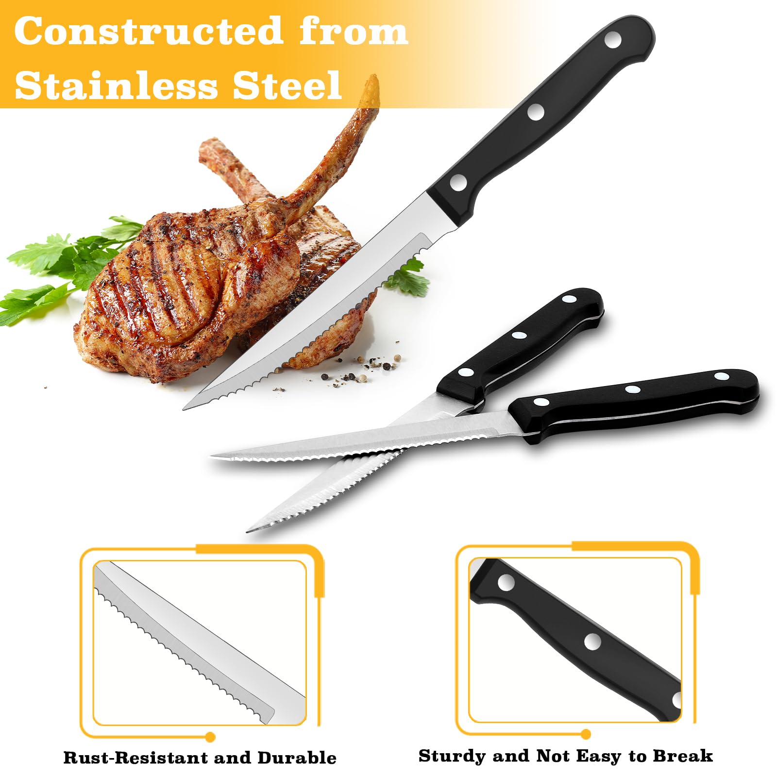 10 Stück Messerset, Steakmesser Set 21 cm, Edelstahl mit Wellenschliff, Scharfe Klingen, Tafelmesser Silber, Robuste Kunststoffgriff