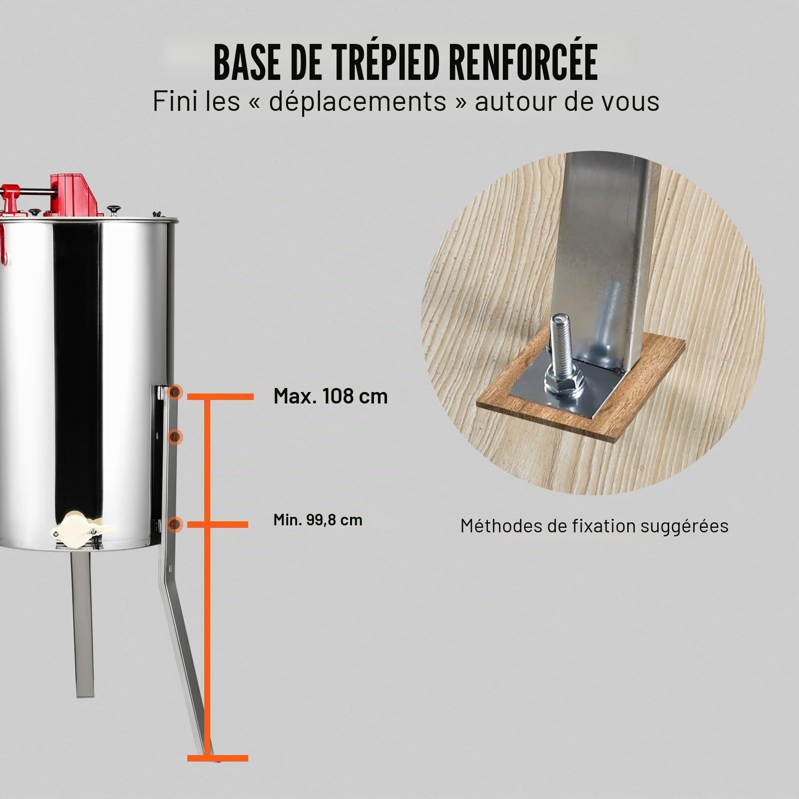 VEVOR Extracteur de Miel Manuel 2/4 Cadres Centrifugeuse Séparateur Miel en Acier INOX avec Couvercle Taille du Nid d'Abeilles Adaptée Profond 48x23 cm Moyen 48x16 cm Hauteur Réglable pour Apiculture