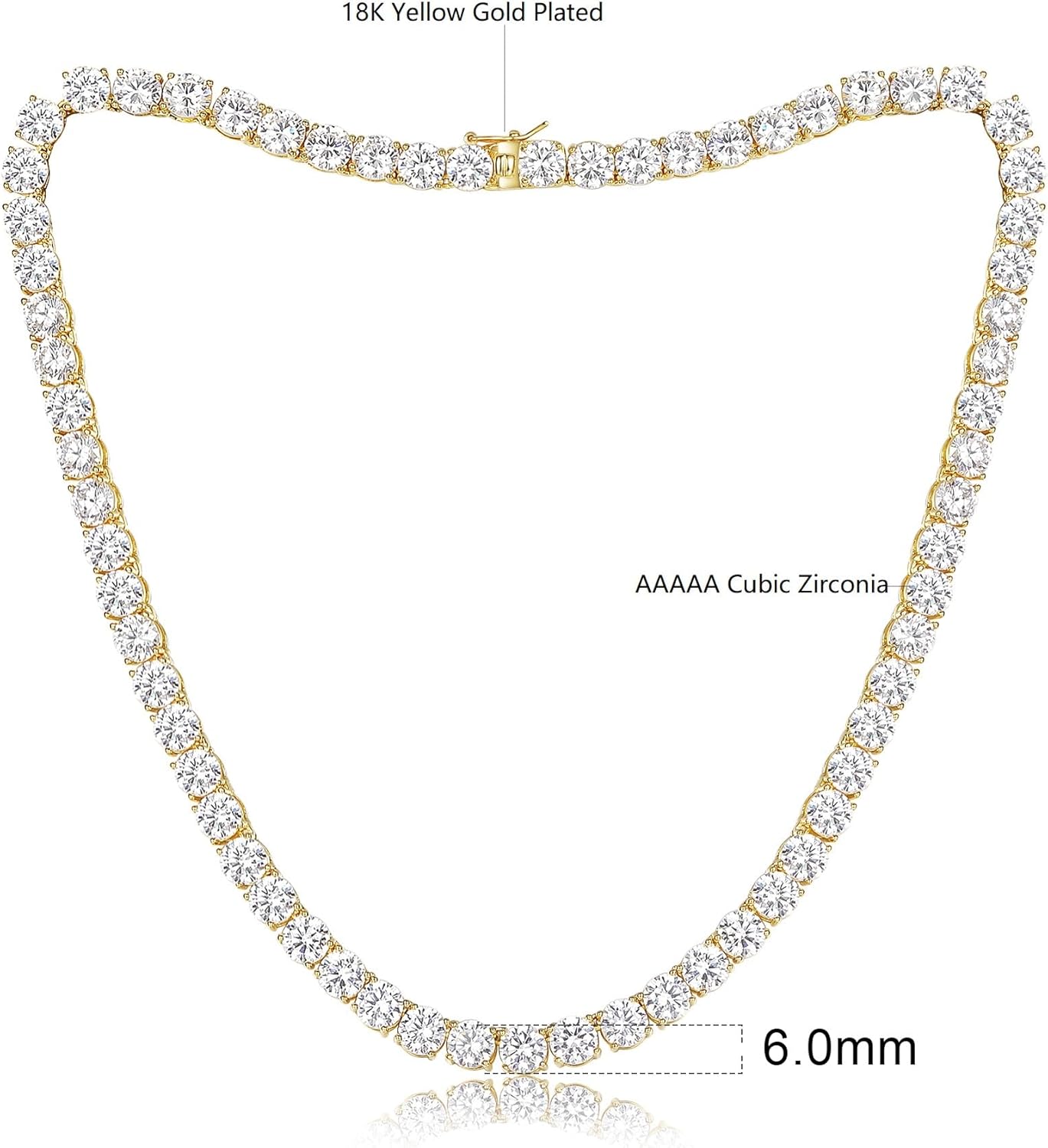 GEMSME 6mm Tennis Necklaces for Women/Men - 18K White/Yellow Gold Plated Round Cubic Zirconia Classic Diamond Tennis Chain, Ladies Tennis Necklace Size 16/18/20/22/24 inch - Image 2