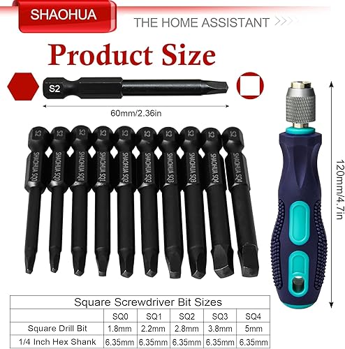 Miniatura 9 de Juego de puntas cuadradas de 10 piezas, #0, 1, 2, 3, 4, 2.36 pulgadas de largo, juego de puntas de destornillador cuadradas para montaje de muebles
