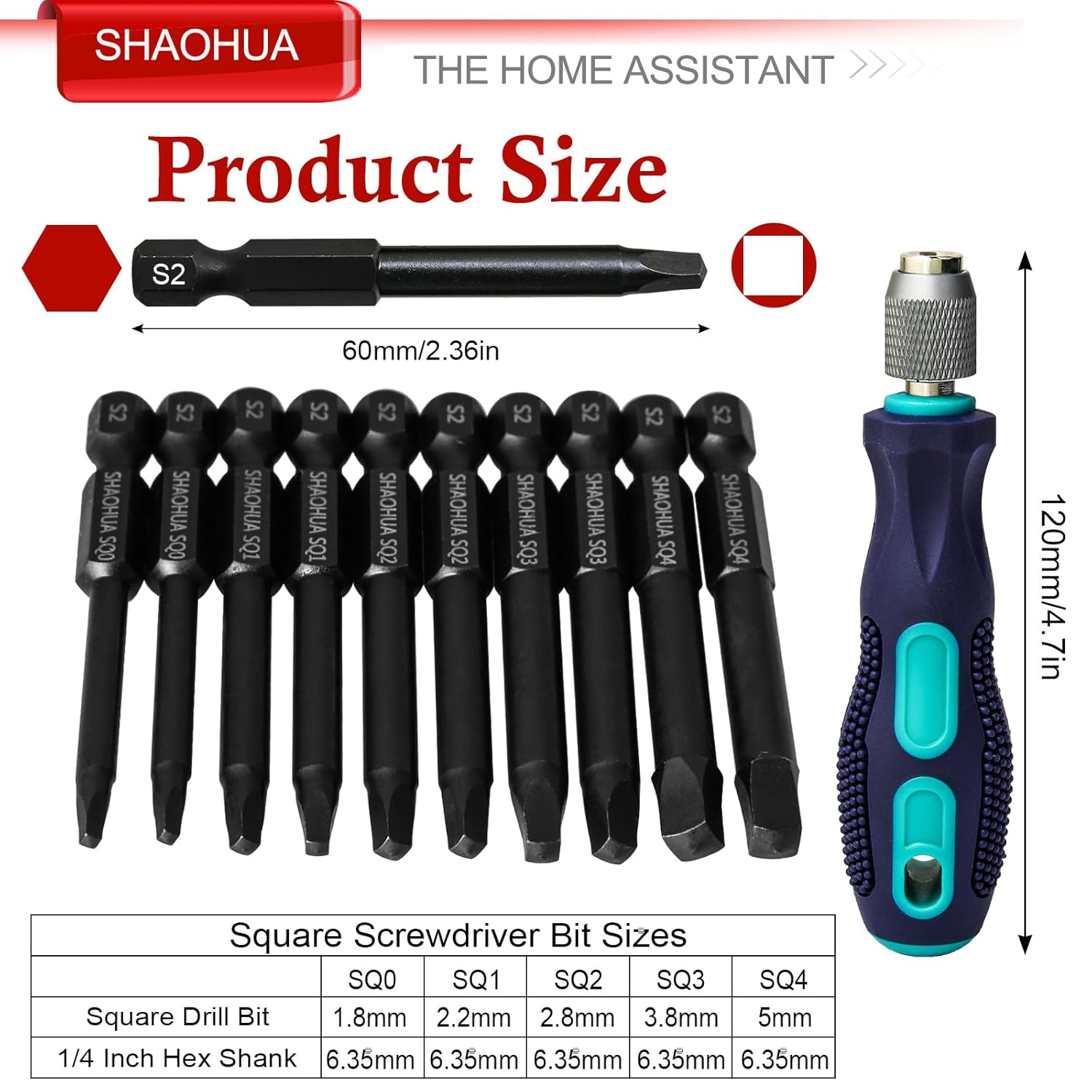 10PCS Square Drive Bits Set, 2.3" Long With 1/4 Inch Magnetic Bit Driver, S2 Steel Allen Wrench Drill Bits, Hex Head Drill Bit Set SQ#0, 1, 2, 3, and #4